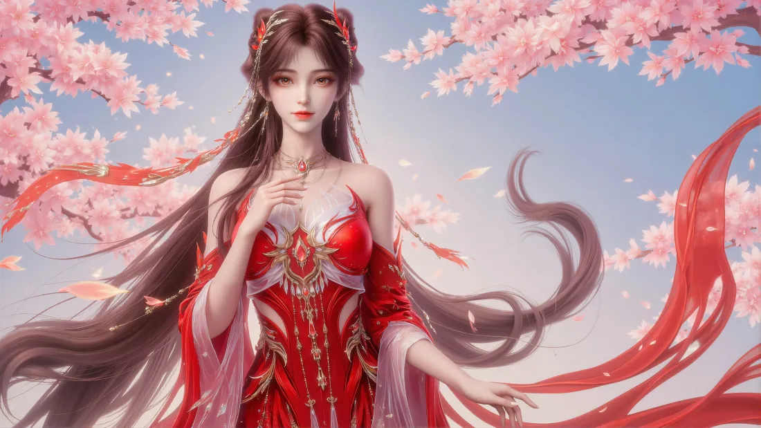 4k火灵儿壁纸｜完美世界背景图片 - 红衣古风樱花「哲风壁纸」