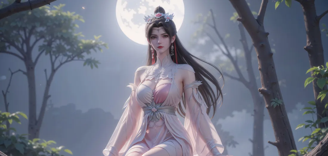 6k柳眉壁纸｜仙逆月夜树林 - 古风粉裙「哲风壁纸」