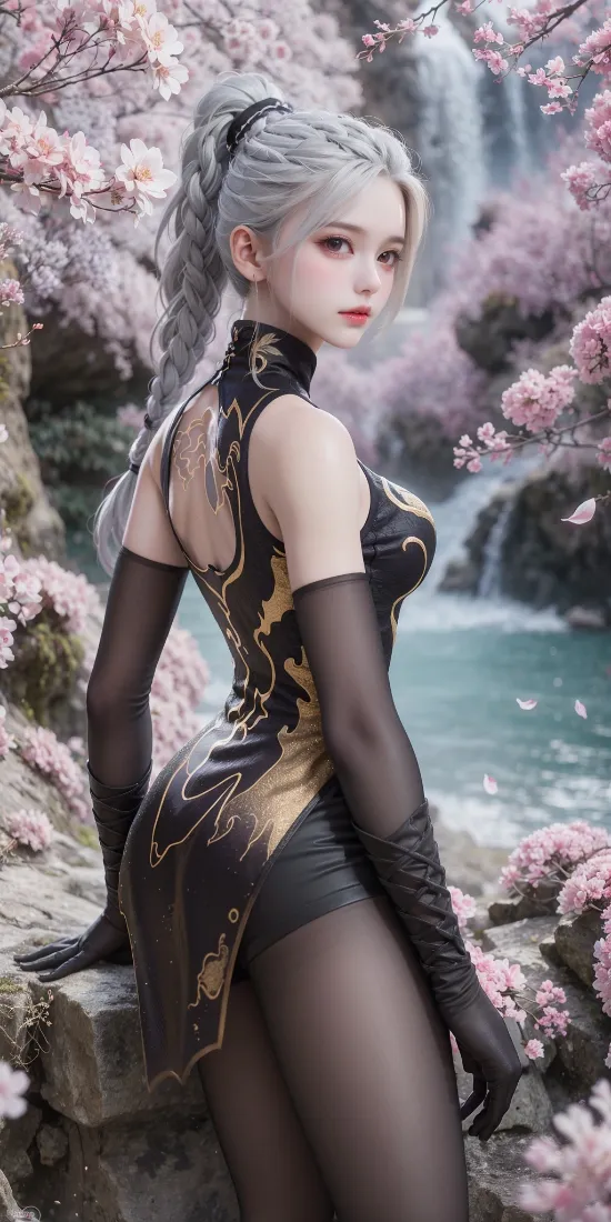 季莹莹永劫无间手机壁纸｜樱花瀑布 - 黑丝「哲风壁纸」