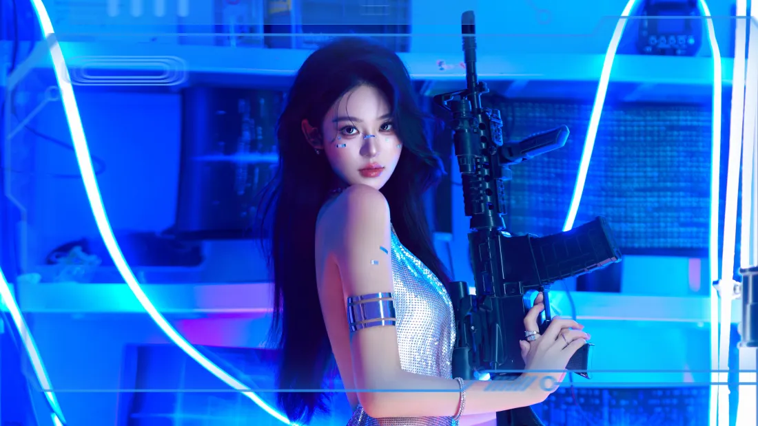 4k美女枪手壁纸｜科技背景图片 - 蓝色霓虹「哲风壁纸」