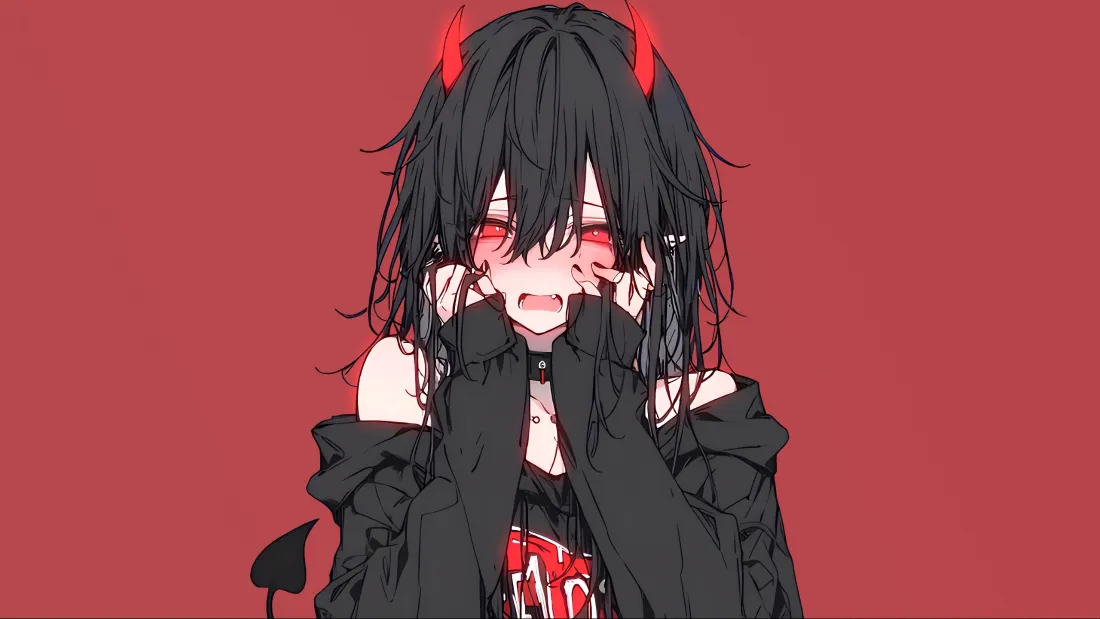 3k黑发病娇少女壁纸｜红色背景 - 红角黑装「哲风壁纸」
