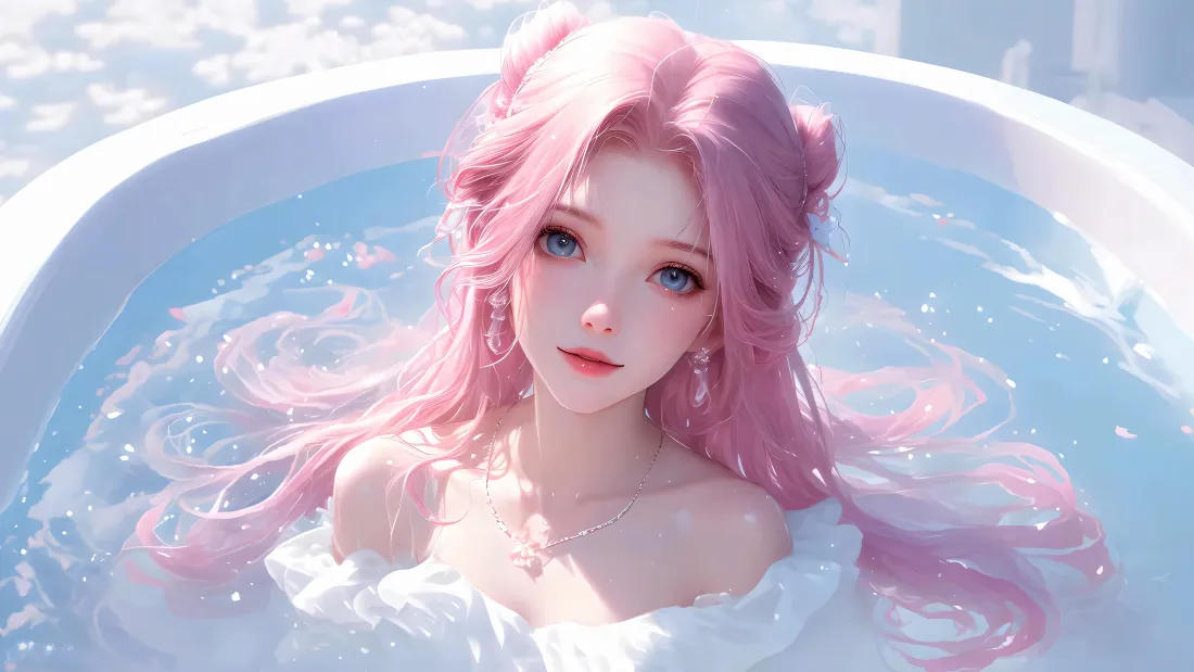 4k粉发女孩壁纸｜蓝色水背景 - 二次元美女「哲风壁纸」