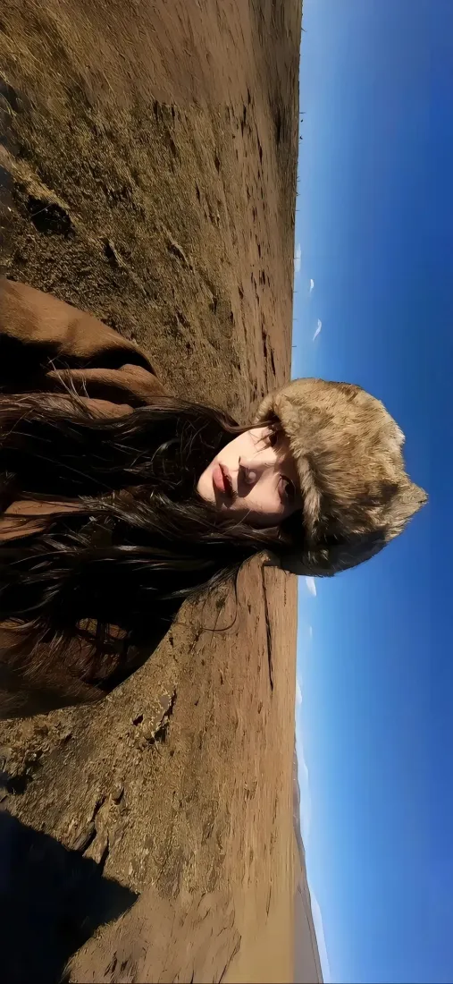 毛绒帽棕衣人物手机壁纸｜蓝天旷野 - 美氛围感「哲风壁纸」