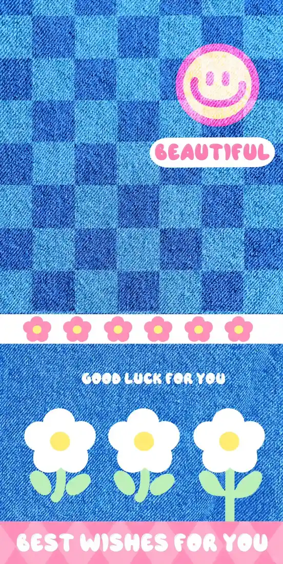 卡通手机壁纸｜蓝色棋盘格背景图 - 花朵笑脸祝福「哲风壁纸」