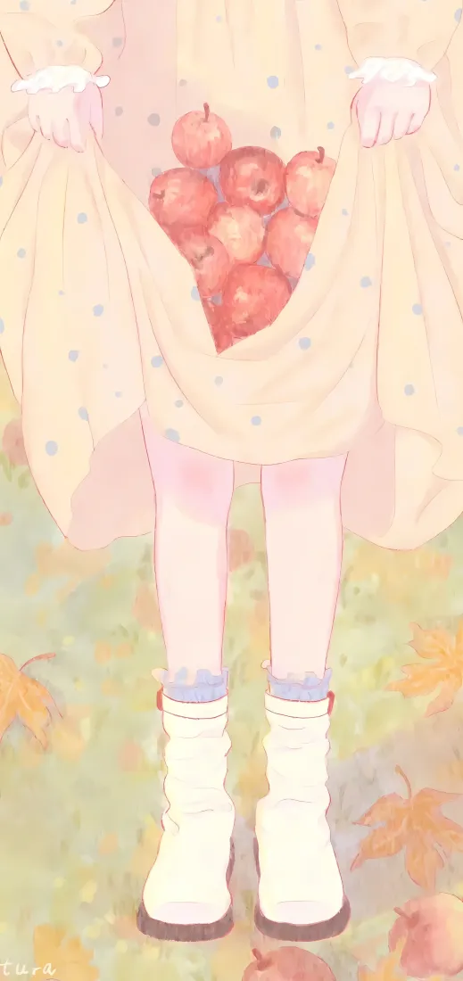 波点裙女孩手机壁纸｜苹果落叶背景 - 白靴插画「哲风壁纸」