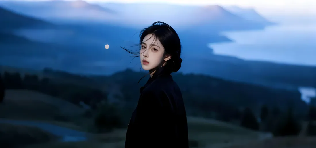 4k黑衣美女壁纸｜夜晚山峰背景 - 静谧夜景「哲风壁纸」