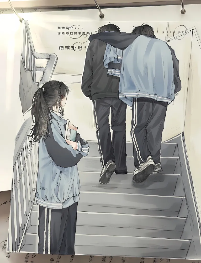 校服暗恋手绘手机壁纸｜校园楼梯 - 青春背影「哲风壁纸」
