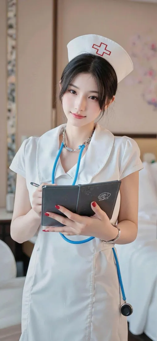 护士服美女手机壁纸｜室内背景图片 - 病历本听诊器「哲风壁纸」