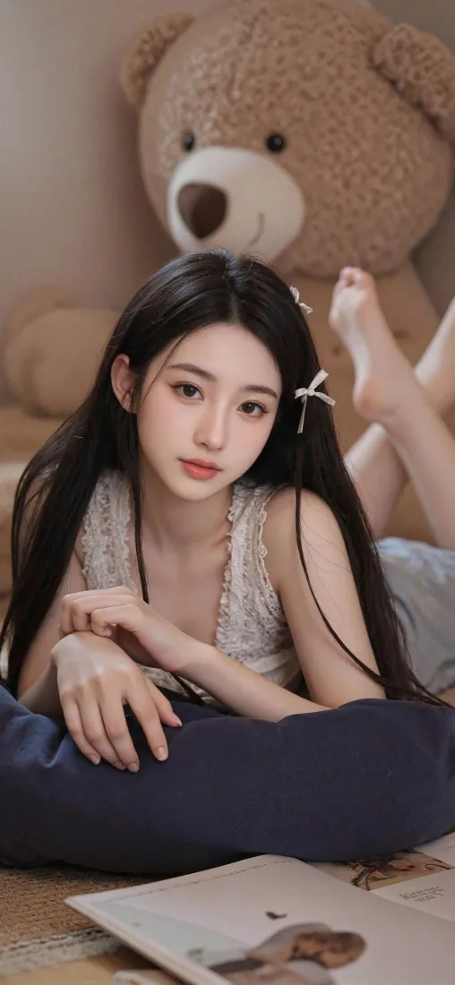 长发美女手机壁纸｜居家背景 - 泰迪熊「哲风壁纸」