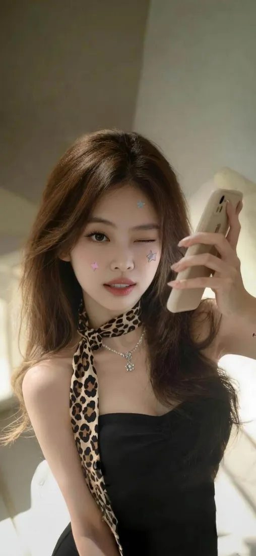 美女自拍手机壁纸｜黑色抹胸裙 - 豹纹丝巾「哲风壁纸」