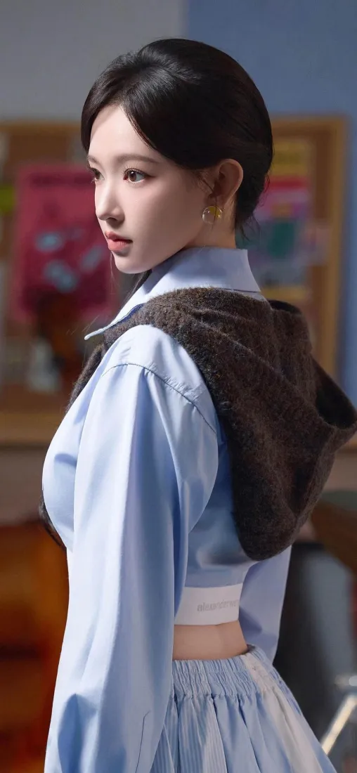 蓝衣美女手机壁纸｜室内背景 - 时尚穿搭「哲风壁纸」