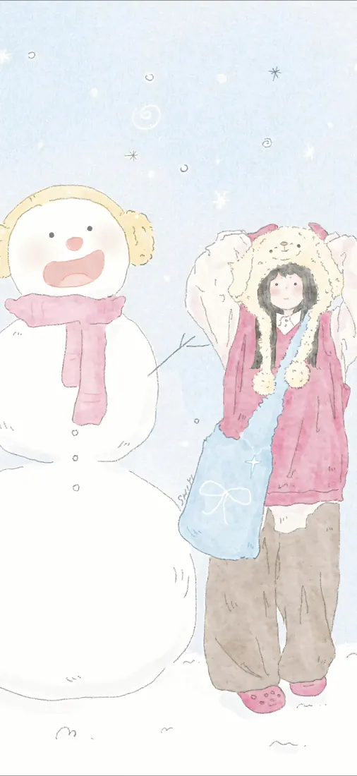 手绘卡通雪人女孩手机壁纸｜蓝调雪景背景 - 可爱「哲风壁纸」
