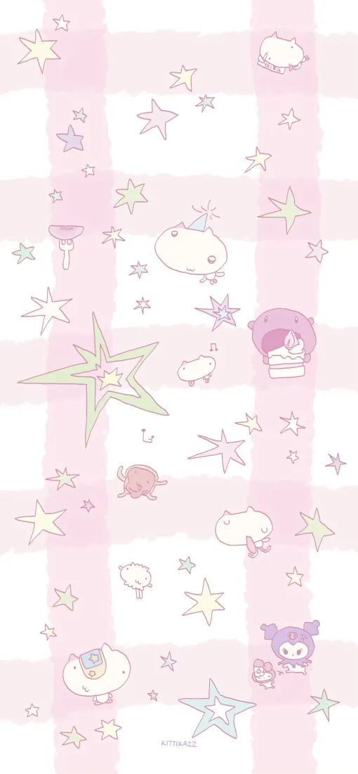 卡通角色手机壁纸｜粉白格子背景 - 可爱星星云朵「哲风壁纸」