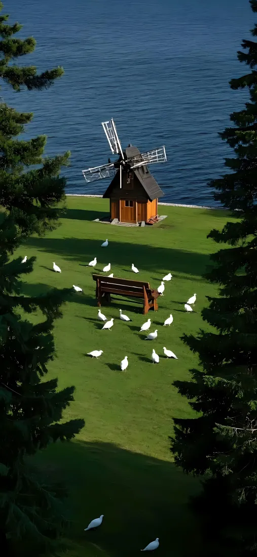 自然风景手机壁纸｜湖水风车 - 鸽子草坪「哲风壁纸」