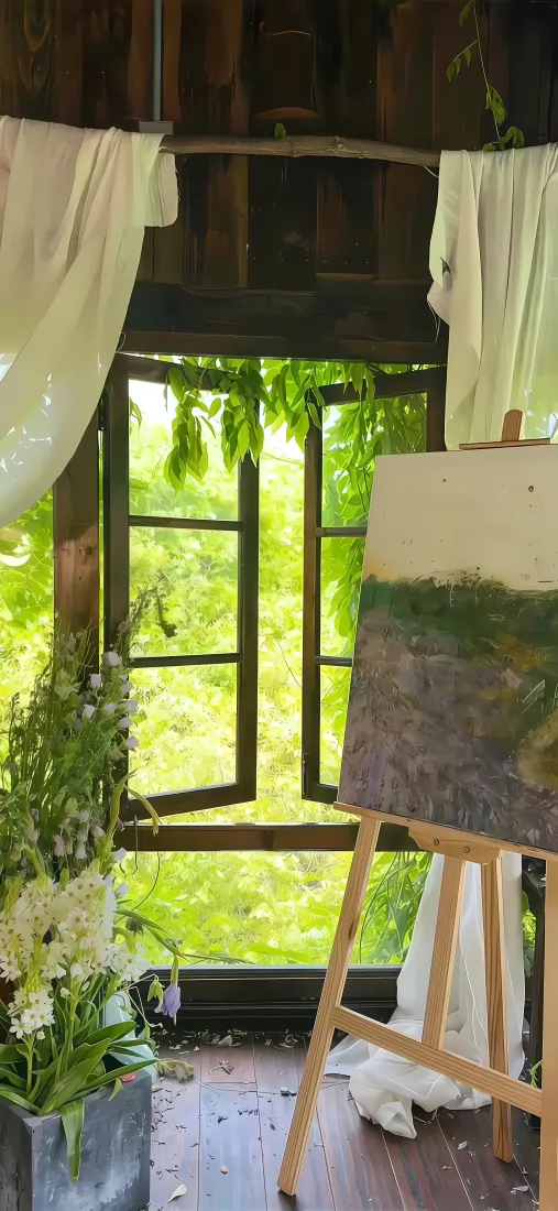 画房手机壁纸｜绿色窗户背景图片 - 画架画布「哲风壁纸」