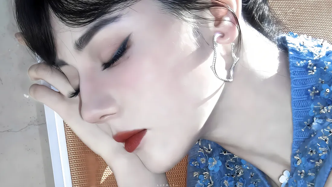 4k迪丽热巴壁纸｜蓝衣侧颜背景图 - 红唇耳环「哲风壁纸」