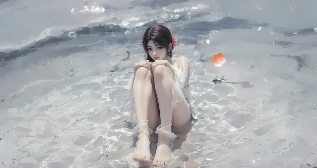 2k短发美女壁纸｜浅水背景图片 - 水中戏水「哲风壁纸」