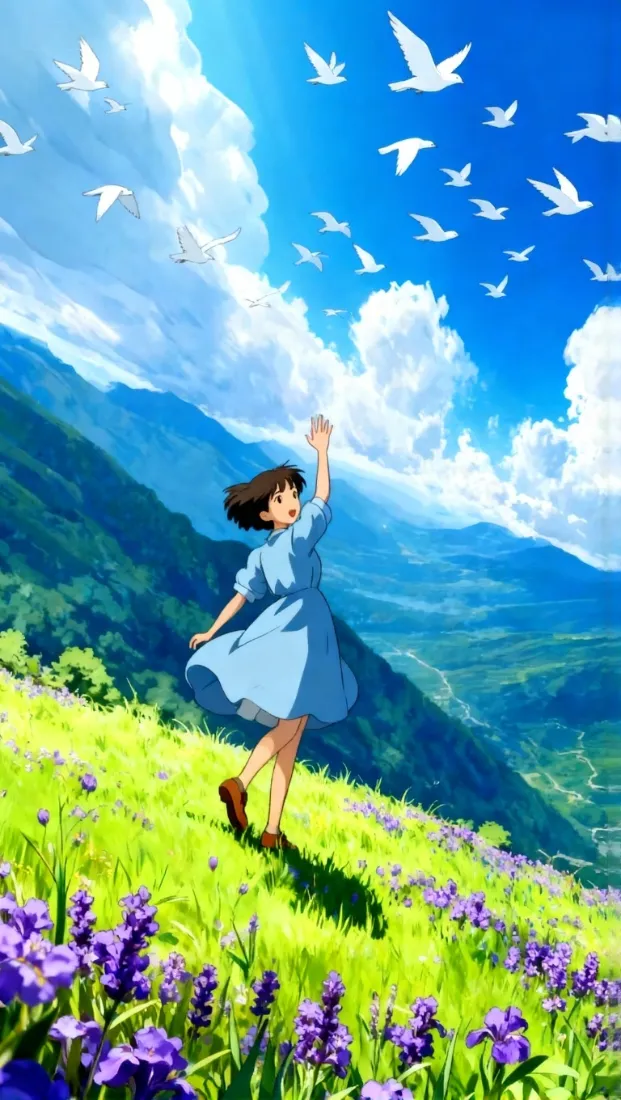 蓝裙女孩手机壁纸｜蓝天草地背景 - 自由花海「哲风壁纸」