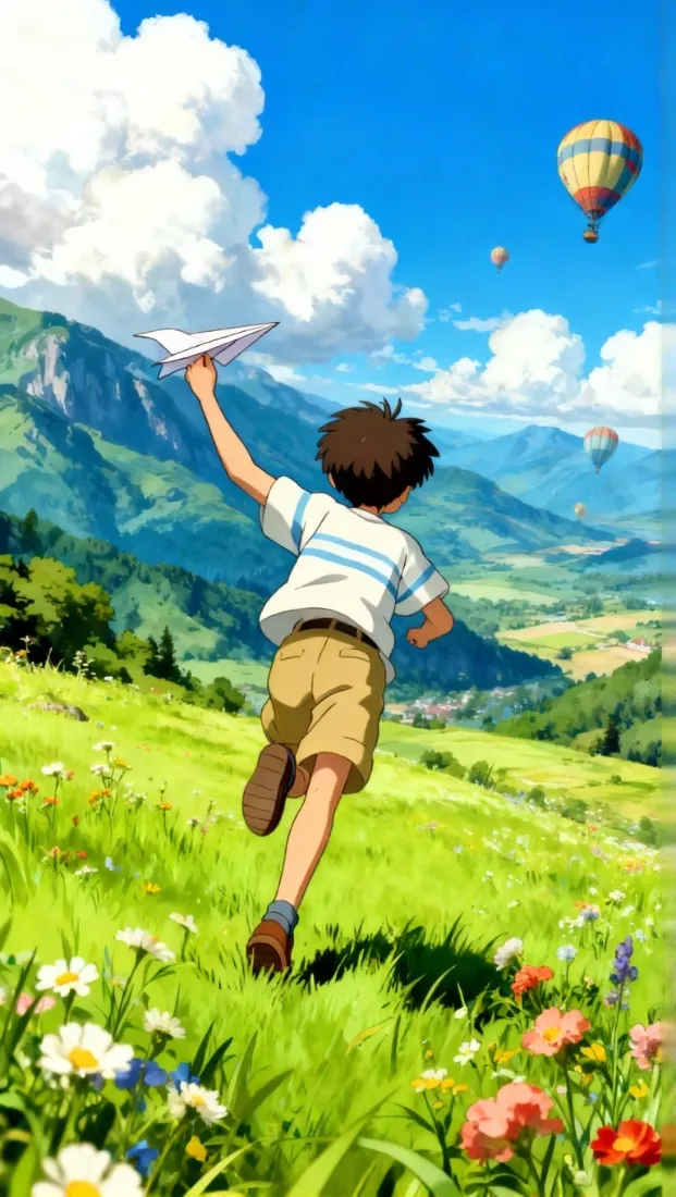 小男孩纸飞机手机壁纸｜花海山脉背景 - 自由动漫「哲风壁纸」