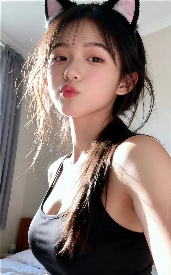 猫耳少女手机壁纸｜室内自拍背景图片 - 可爱嘟嘴「哲风壁纸」