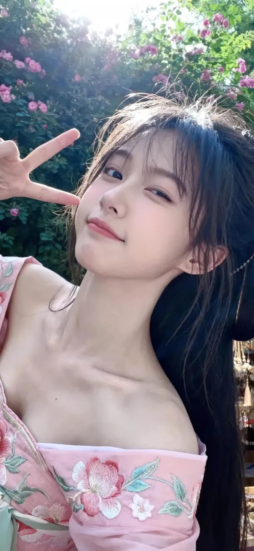 粉色花裙美女手机壁纸｜户外花景 - 比耶「哲风壁纸」