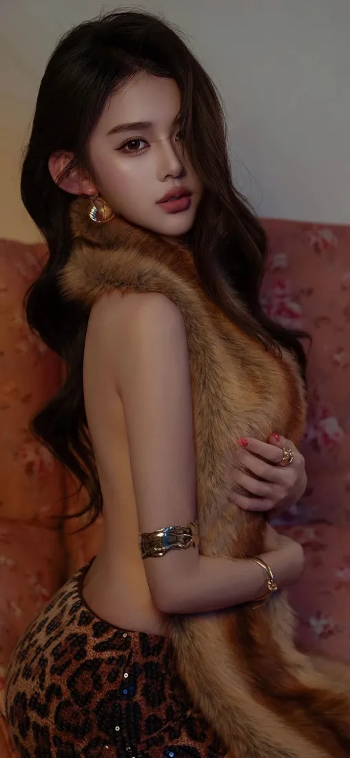 美女手机壁纸｜暖沙发背景 - 豹纹裙毛绒披肩「哲风壁纸」