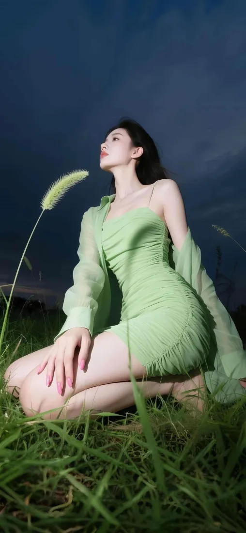 绿裙美女手机壁纸｜草地背景 - 夜晚户外「哲风壁纸」