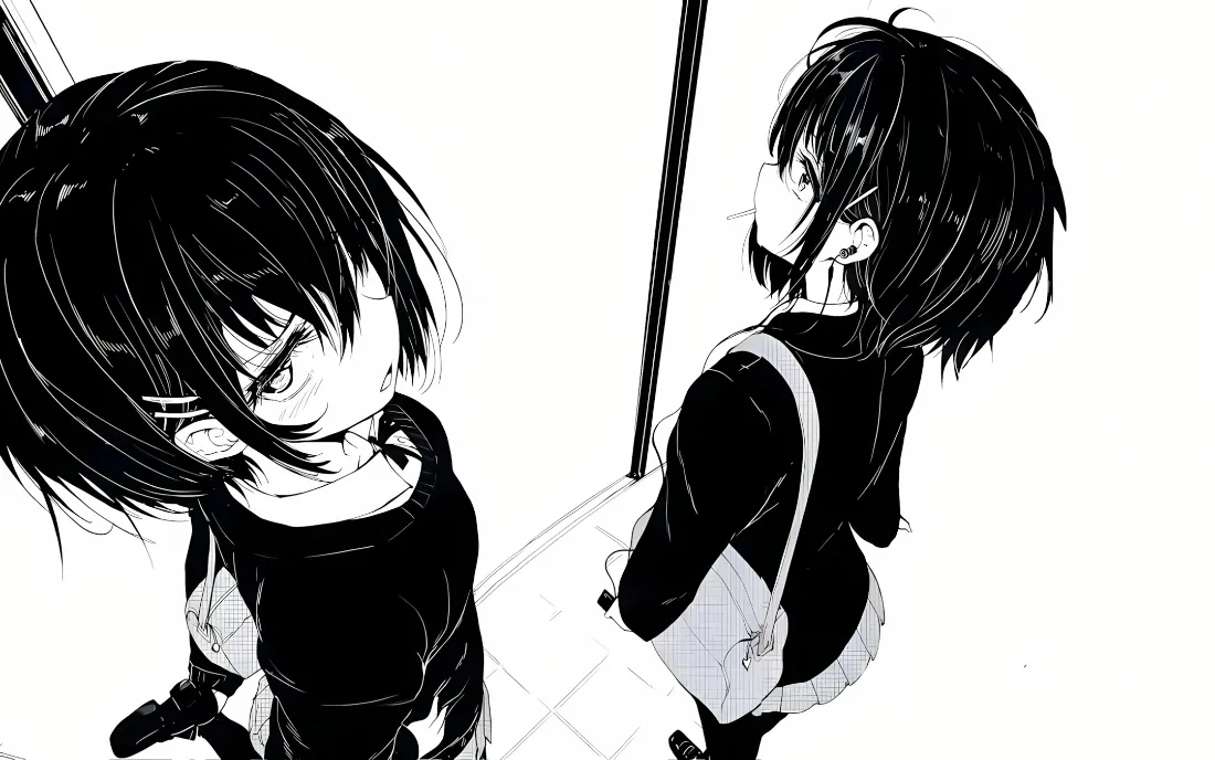 2k二次元短发人物壁纸｜仰视背景 - 黑白黑衣「哲风壁纸」