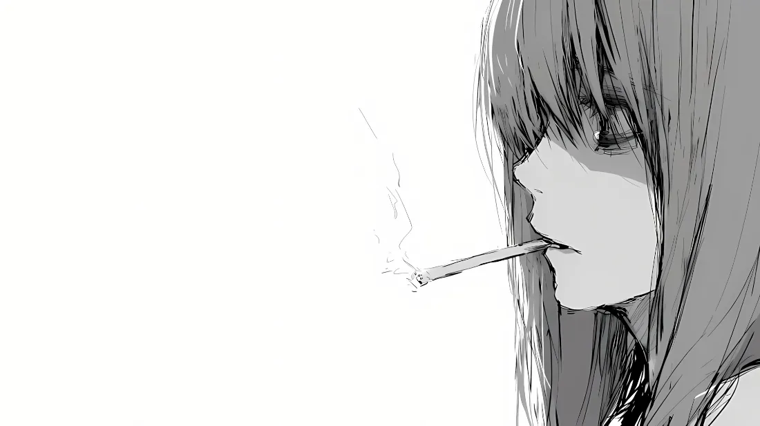 2k二次元吸烟女孩壁纸｜黑白 - 长发插画「哲风壁纸」