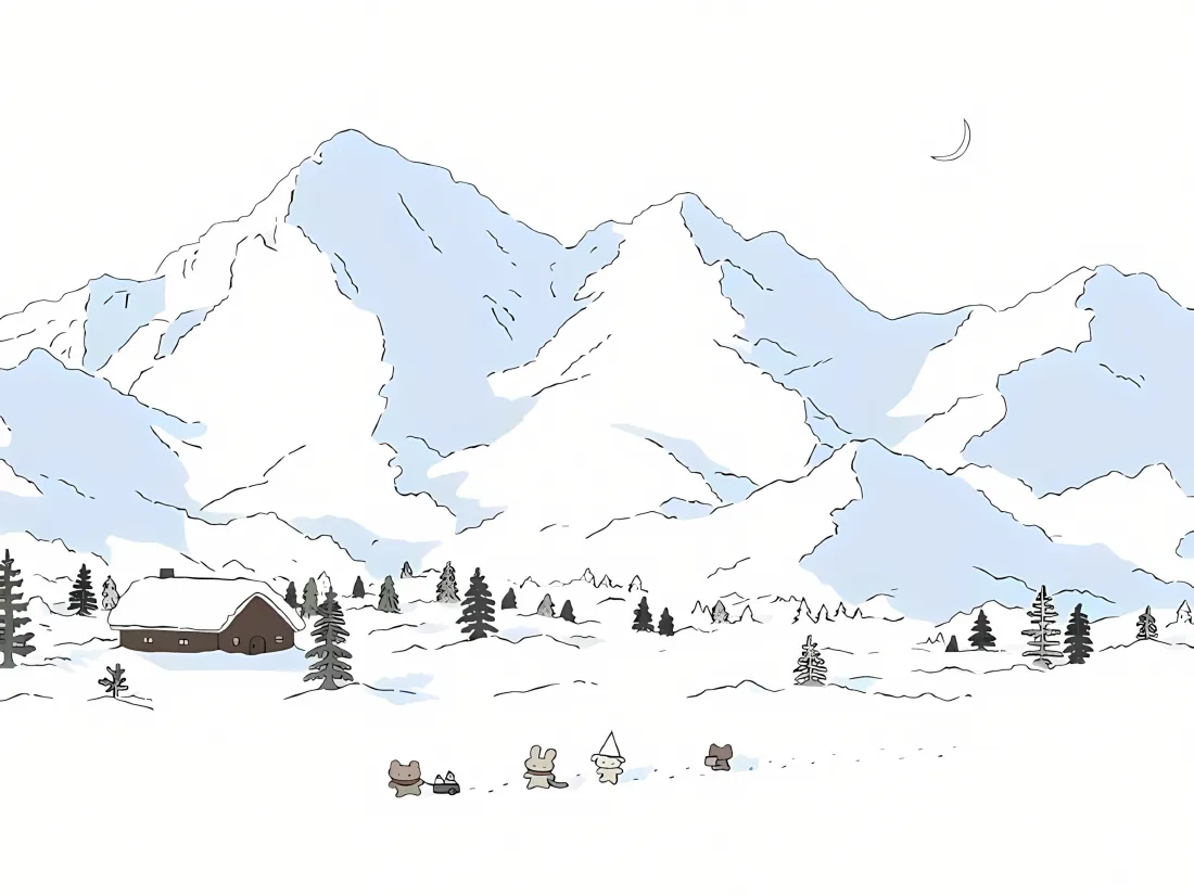 3k手绘雪景壁纸｜雪山木屋背景 - 松树雪橇「哲风壁纸」