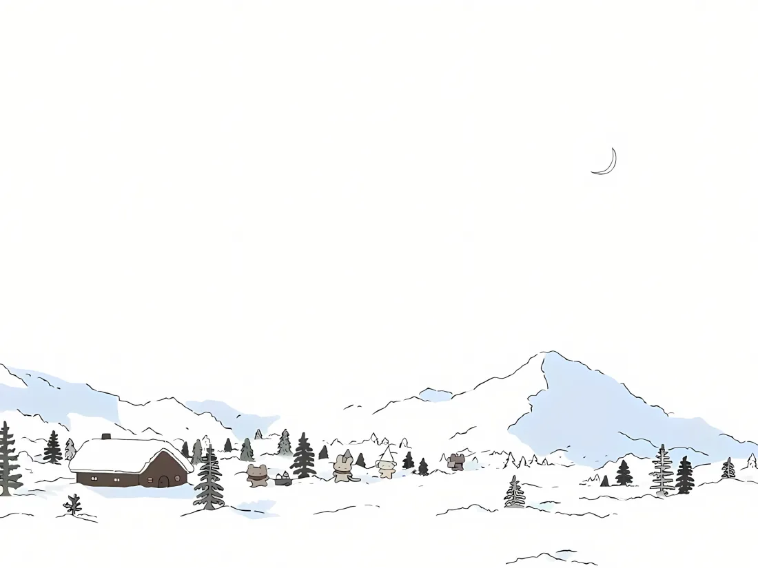 3k手绘雪景壁纸｜小木屋雪山背景 - 简约卡通「哲风壁纸」