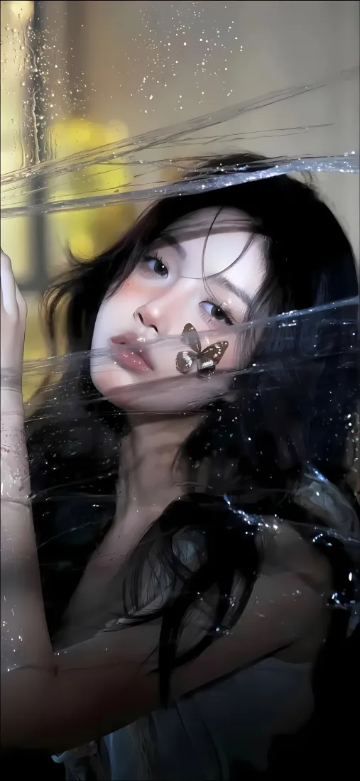 蝴蝶妆美女手机壁纸｜水珠玻璃 - 艺术「哲风壁纸」