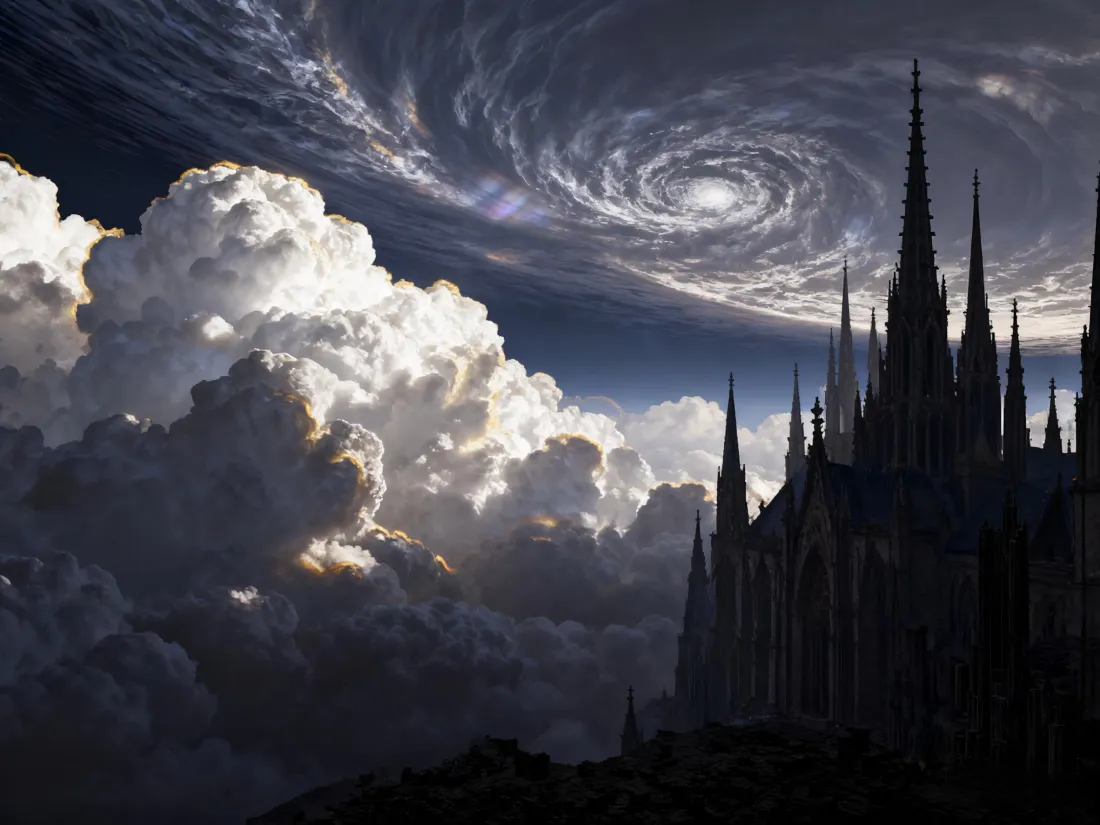 2k云城云漩涡壁纸｜科幻场景背景 - 哥特城堡云海「哲风壁纸」