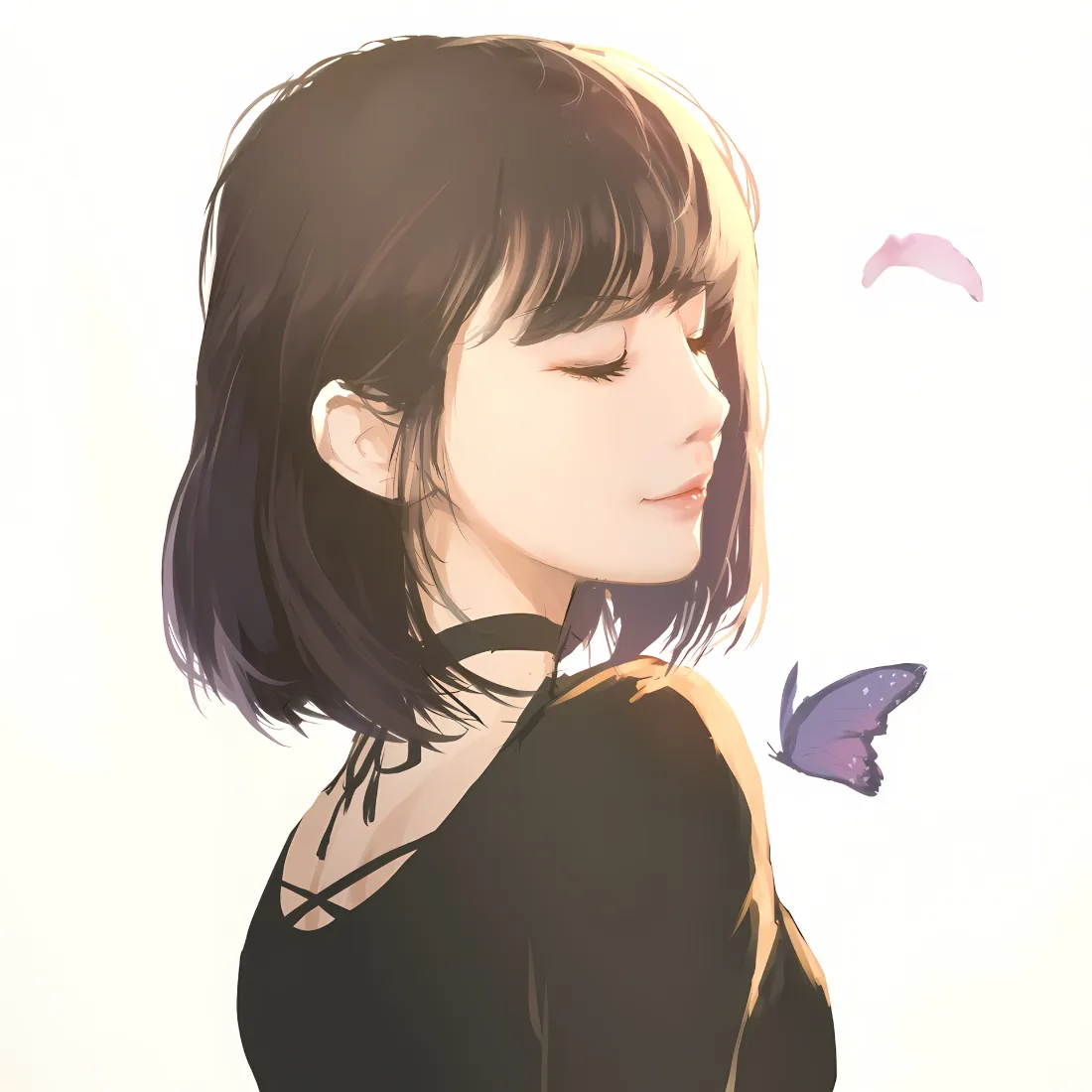 短发动漫女孩手机壁纸｜蝴蝶背景 - 黑色上衣闭眼「哲风壁纸」