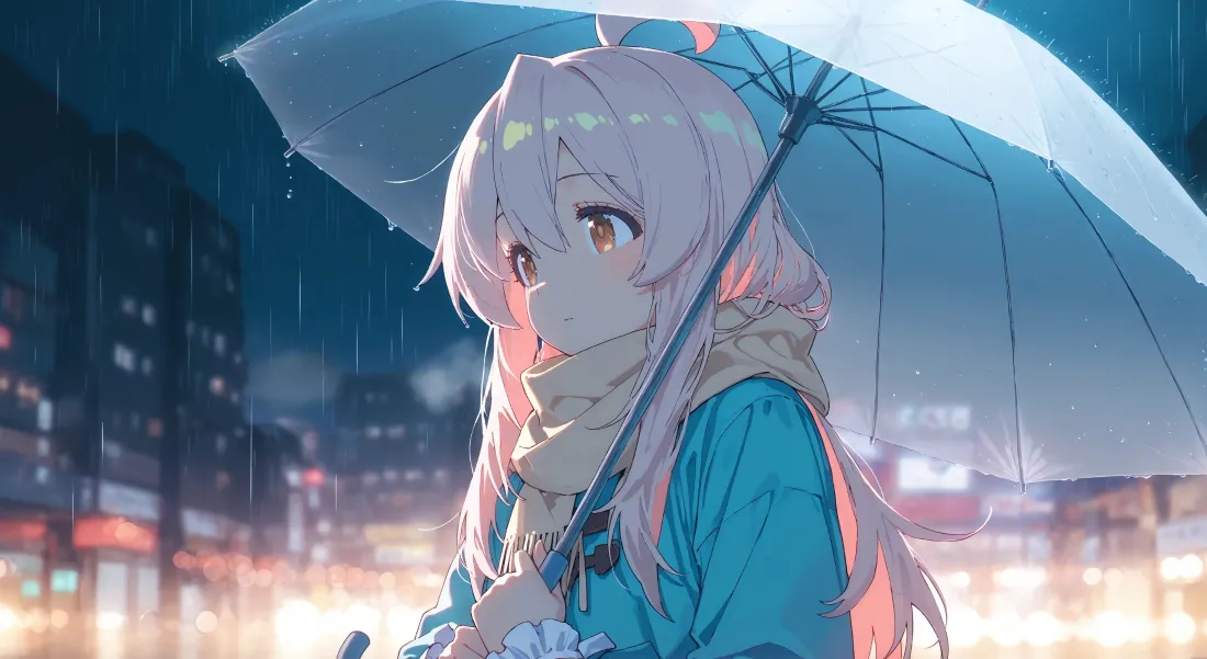 3k真寻壁纸｜雨夜城市背景 - 撑伞围巾「哲风壁纸」