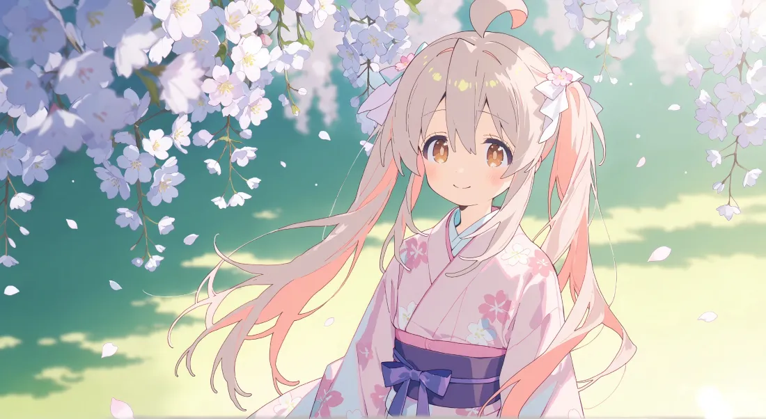 3k真寻壁纸｜樱花背景 - 和服双马尾「哲风壁纸」