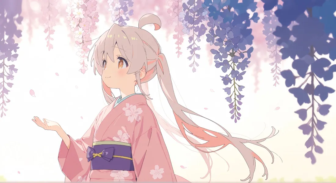 3k真寻壁纸｜紫藤花背景 - 粉色和服「哲风壁纸」