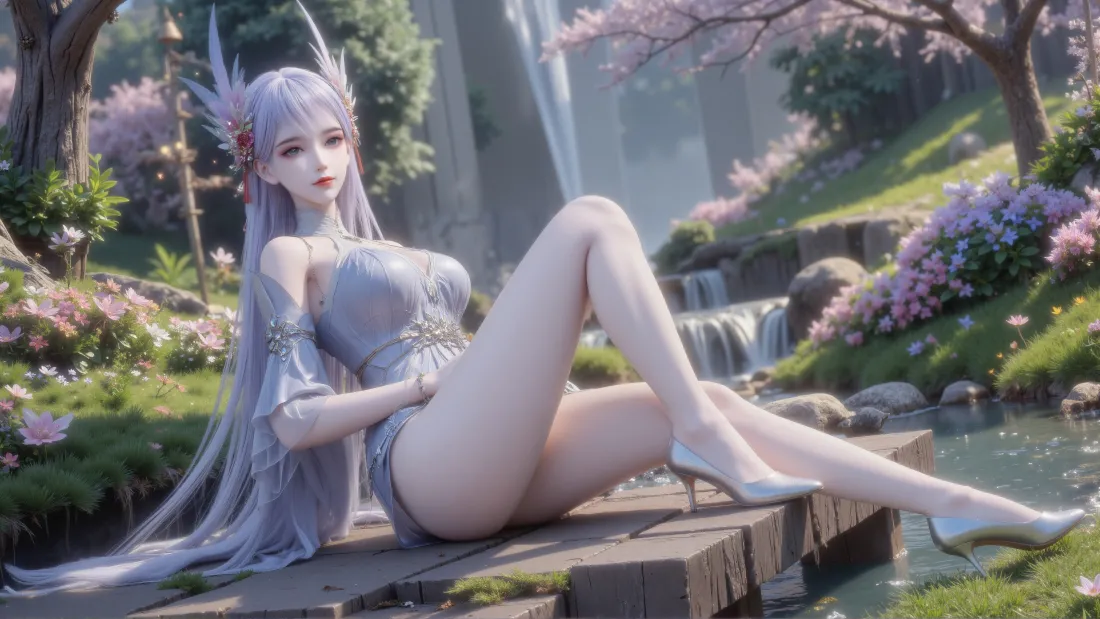 4k林紫玥壁纸｜山水樱花背景 - 银发少女「哲风壁纸」