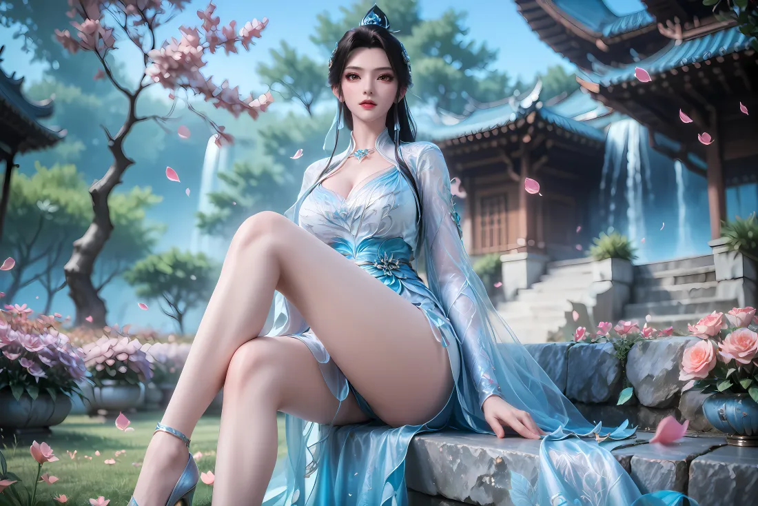 4k青仙子壁纸｜古风庭院 - 蓝裙「哲风壁纸」