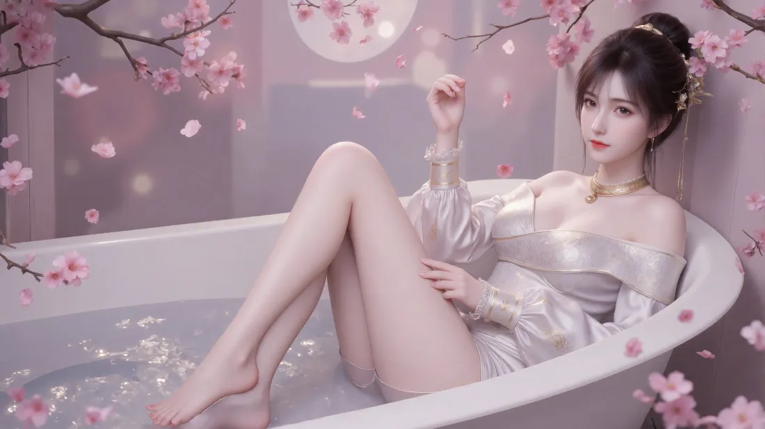 3k古风浴桶美女壁纸｜樱花月色 - 古装泡澡「哲风壁纸」