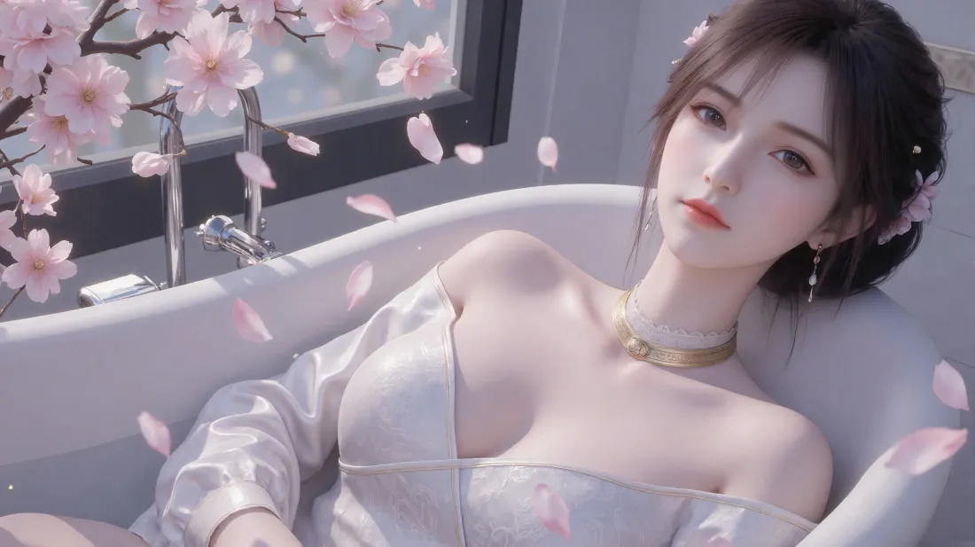 3k美女樱花浴缸壁纸｜二次元背景 - 性感白裙「哲风壁纸」
