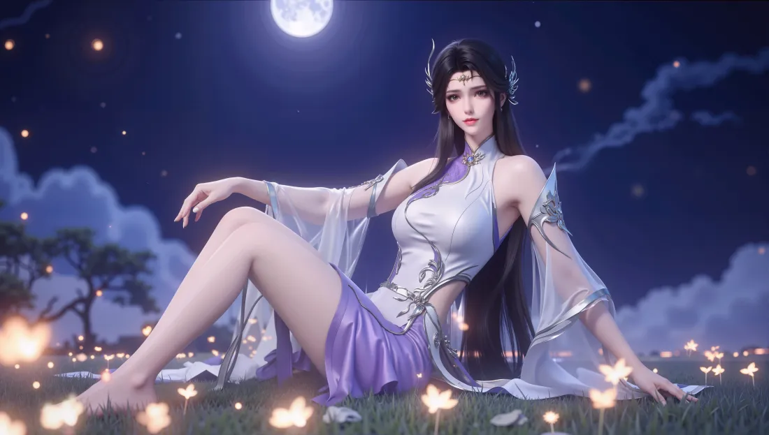 8k斗破苍穹壁纸｜月夜草地 - 古风薄纱美女「哲风壁纸」