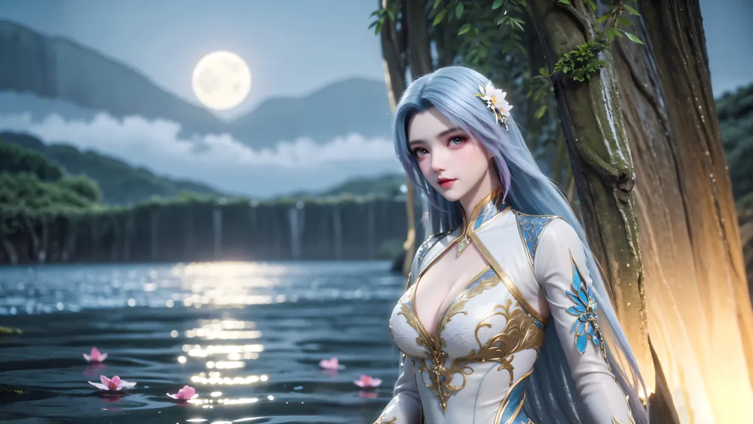 6k王秋儿壁纸｜斗罗大陆背景图 - 蓝发夜景荷花「哲风壁纸」