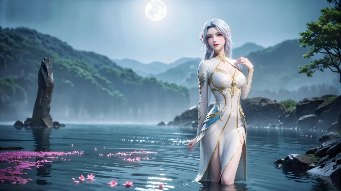 6k王秋儿壁纸｜斗罗大陆背景 - 月夜湖景花瓣「哲风壁纸」