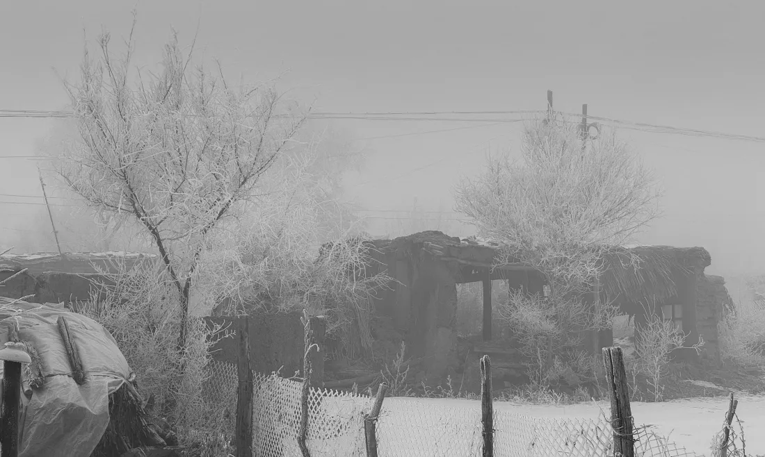 4k雪景雾凇壁纸｜冬日旧房背景图 - 黑白风景「哲风壁纸」