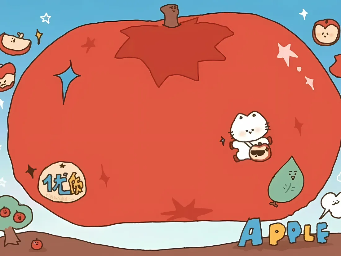 2k苹果卡通壁纸｜可爱小猫背景 - 红色星星「哲风壁纸」