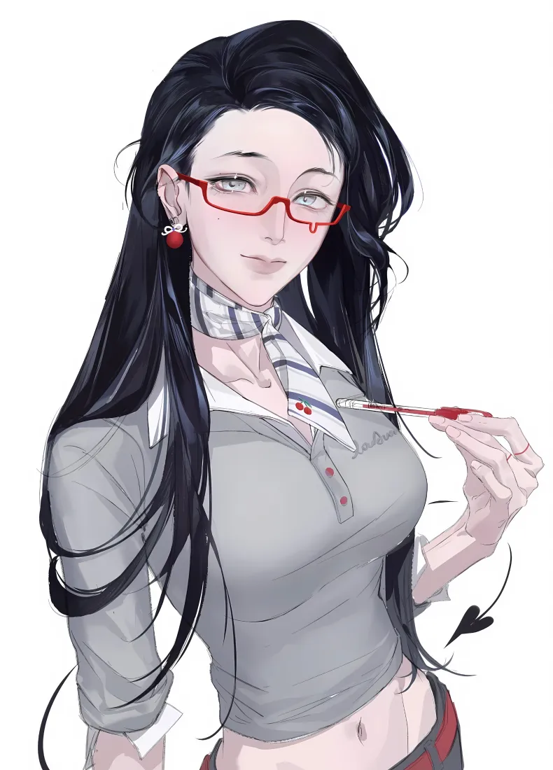 黑长直动漫美女手机壁纸｜红框眼镜露脐装 - 性感「哲风壁纸」