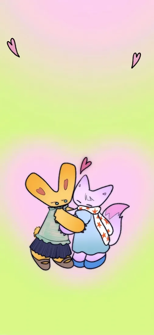 卡通拥抱手机壁纸｜粉绿背景 - 可爱爱心「哲风壁纸」