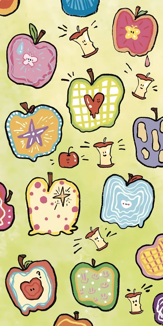 卡通苹果手机壁纸｜偏绿 - 可爱手绘水果「哲风壁纸」