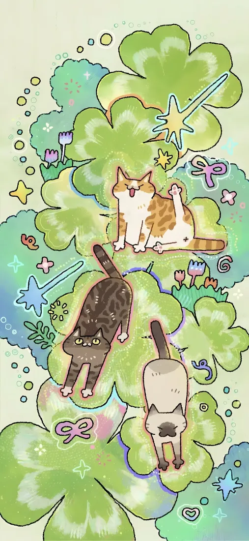 卡通小猫四叶草手机壁纸｜清新背景图片 - 可爱猫咪「哲风壁纸」